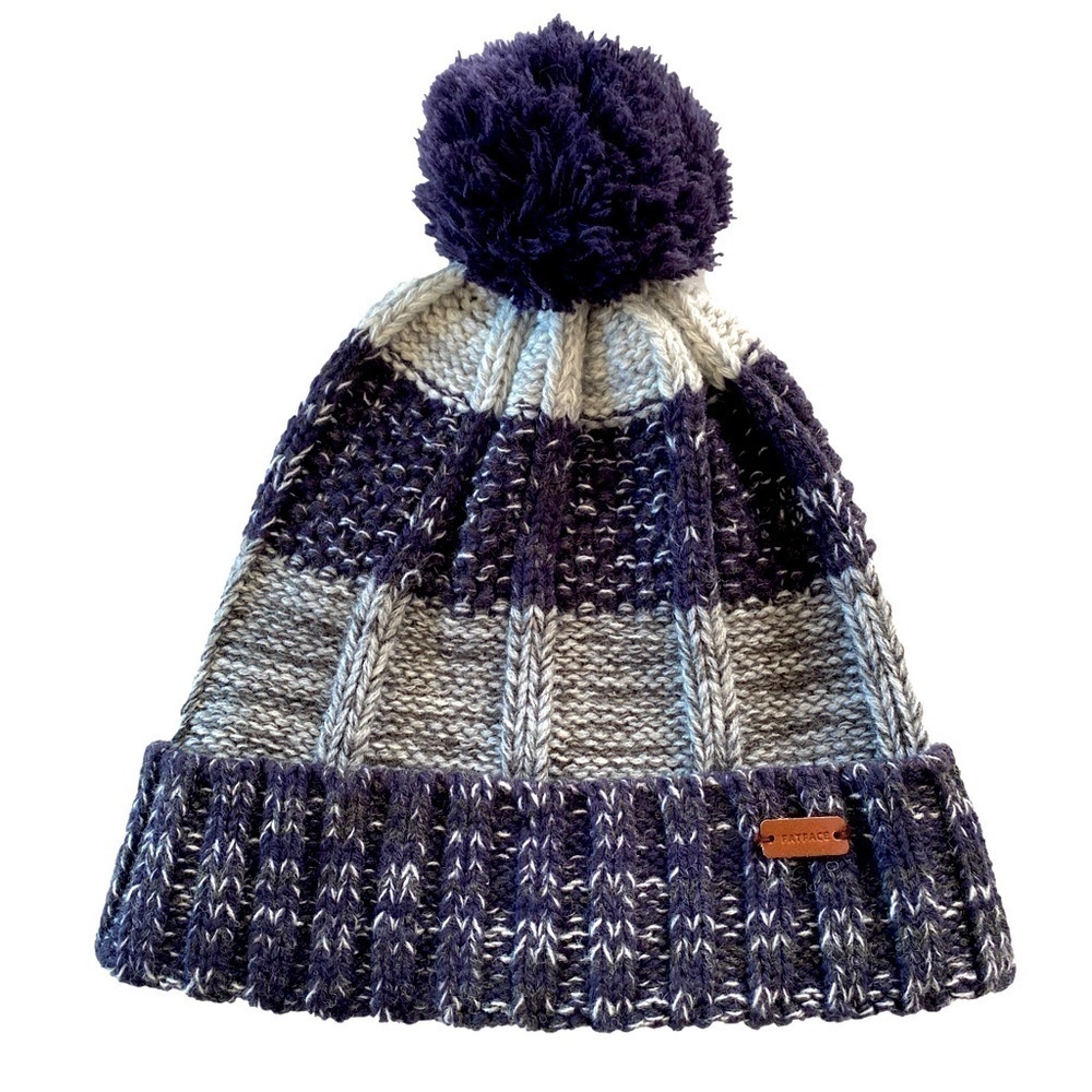 FATFACE Wool Blend Navy Textured Beanie With PomPom.. Leather Branding Patch.